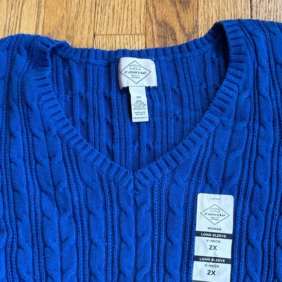 Blue Cable Knit V-Neck Sweater 2X NEW - Picture 3 of 6